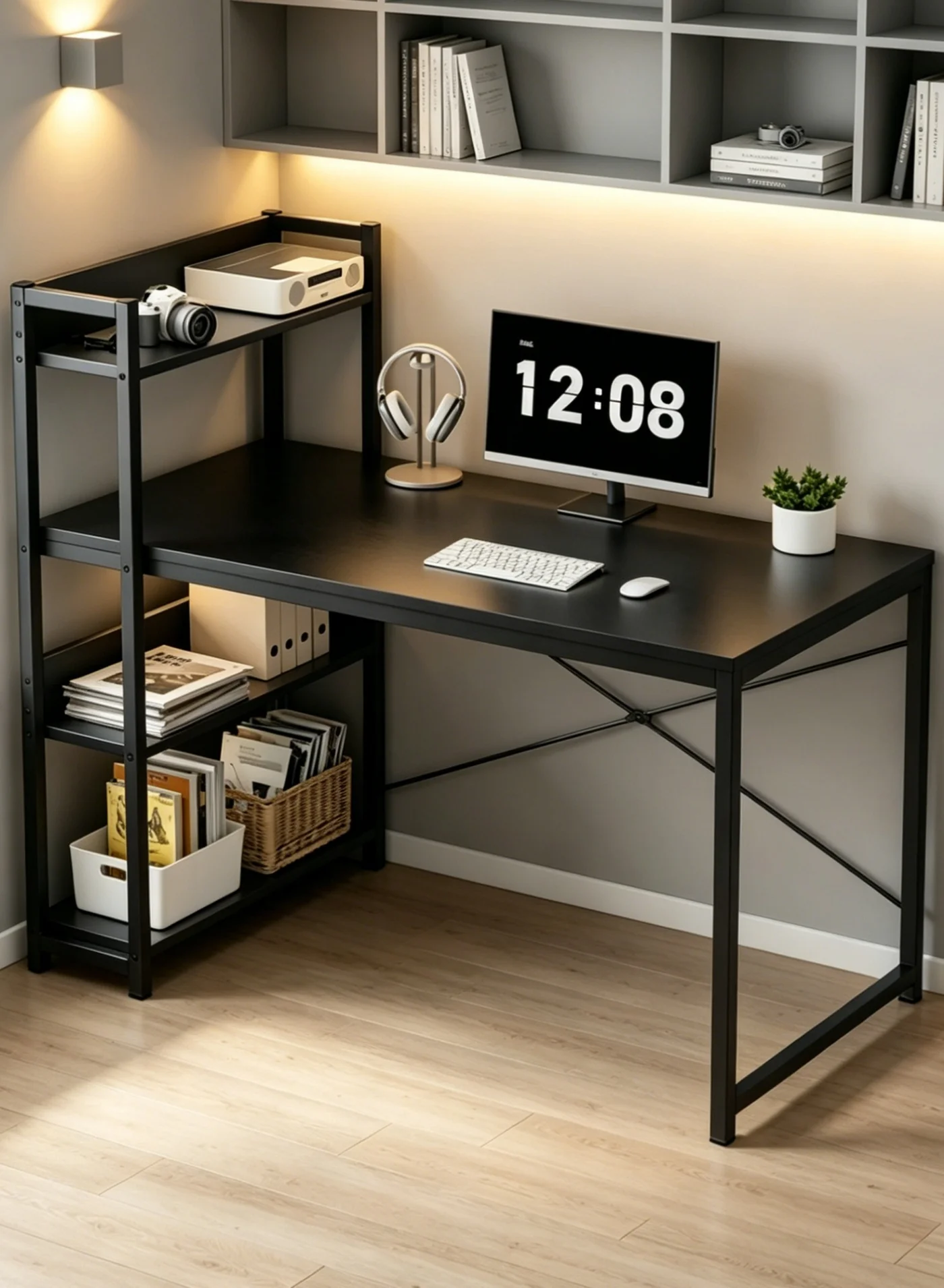 ALIVINGHOME Modern Computer Desk with 4 Tier Storage Shelves Ergonomic Writing Table for Home Office and Gaming (Black, 110 cm x 50 cm x 72 cm) kfauq