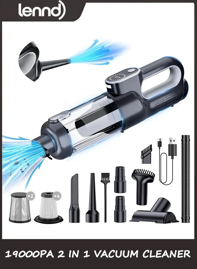 LENND Portable Cordless Car Vacuum Cleaner and Air Duster (19000Pa, 130W, 7800mAh Battery, Multi-Nozzle, Black) gpqvs