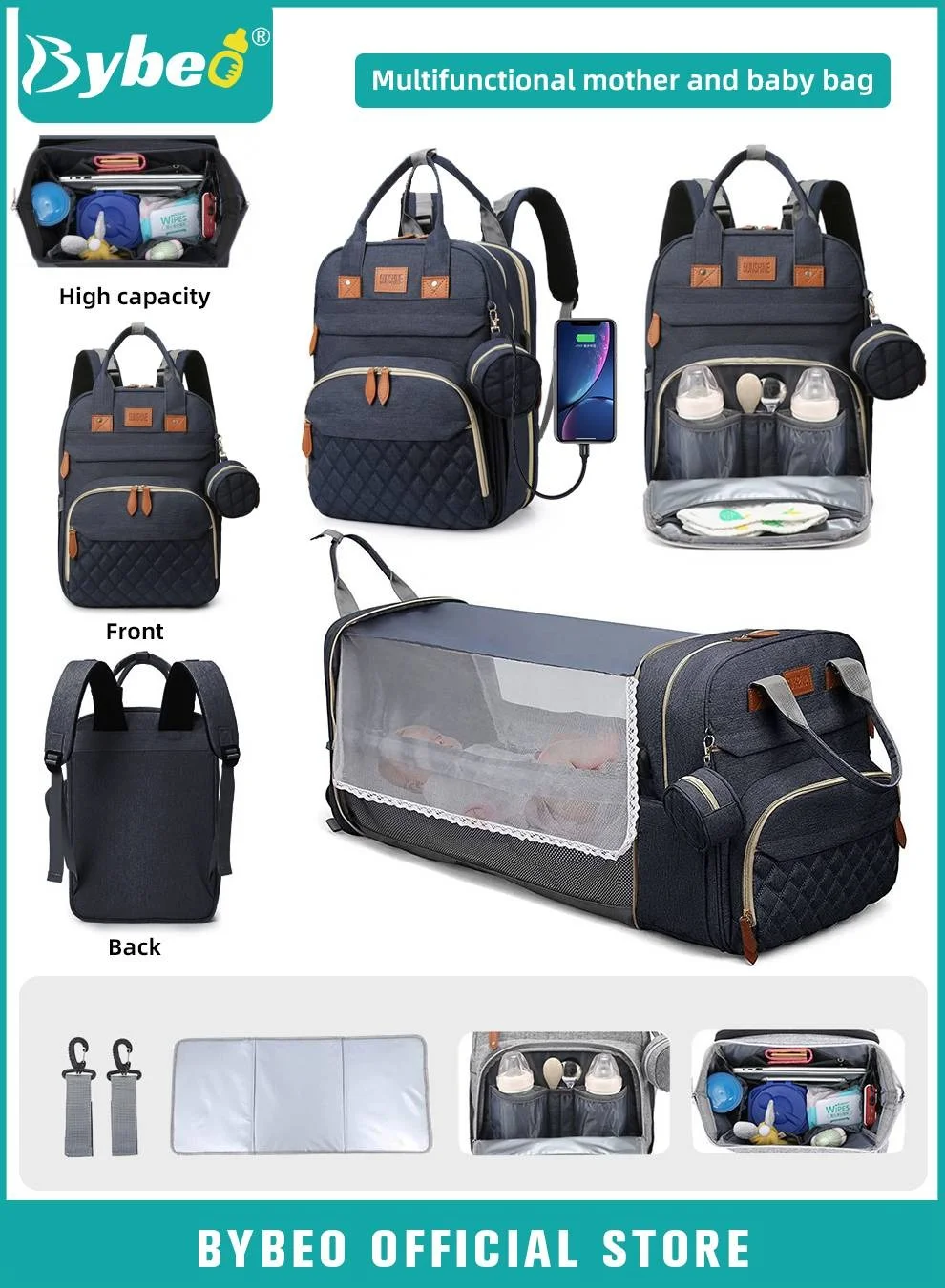 Bybeo Baby Diaper Bag Backpack with Changing Station, Large Capacity 900D Oxford Travel Organizer with USB Port (Unisex, 40x30x20 cm) ufr9j