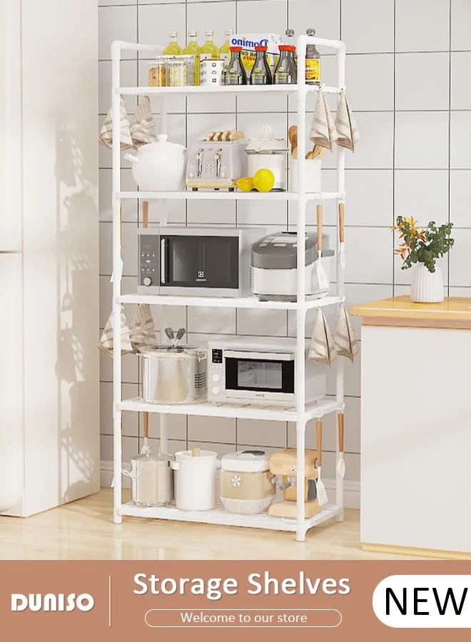 DUNISO 5 Tier Storage Shelves Organizer, Heavy-Duty Metal Shelving Unit with Hooks and Armrests for Kitchen, Laundry, and Garage (150 cm Height) 4c8p6