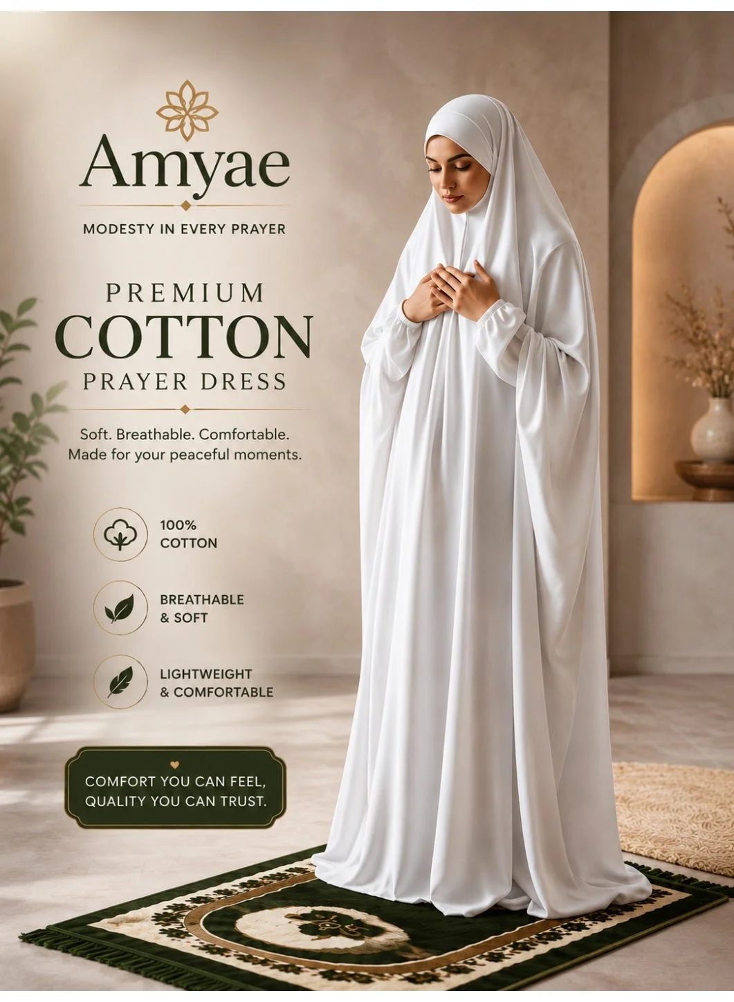 AMYAE Islamic Prayer Dress for Women Long Sleeve Abaya Jilbab for Salah and Umrah (White, One Size) 0ium7