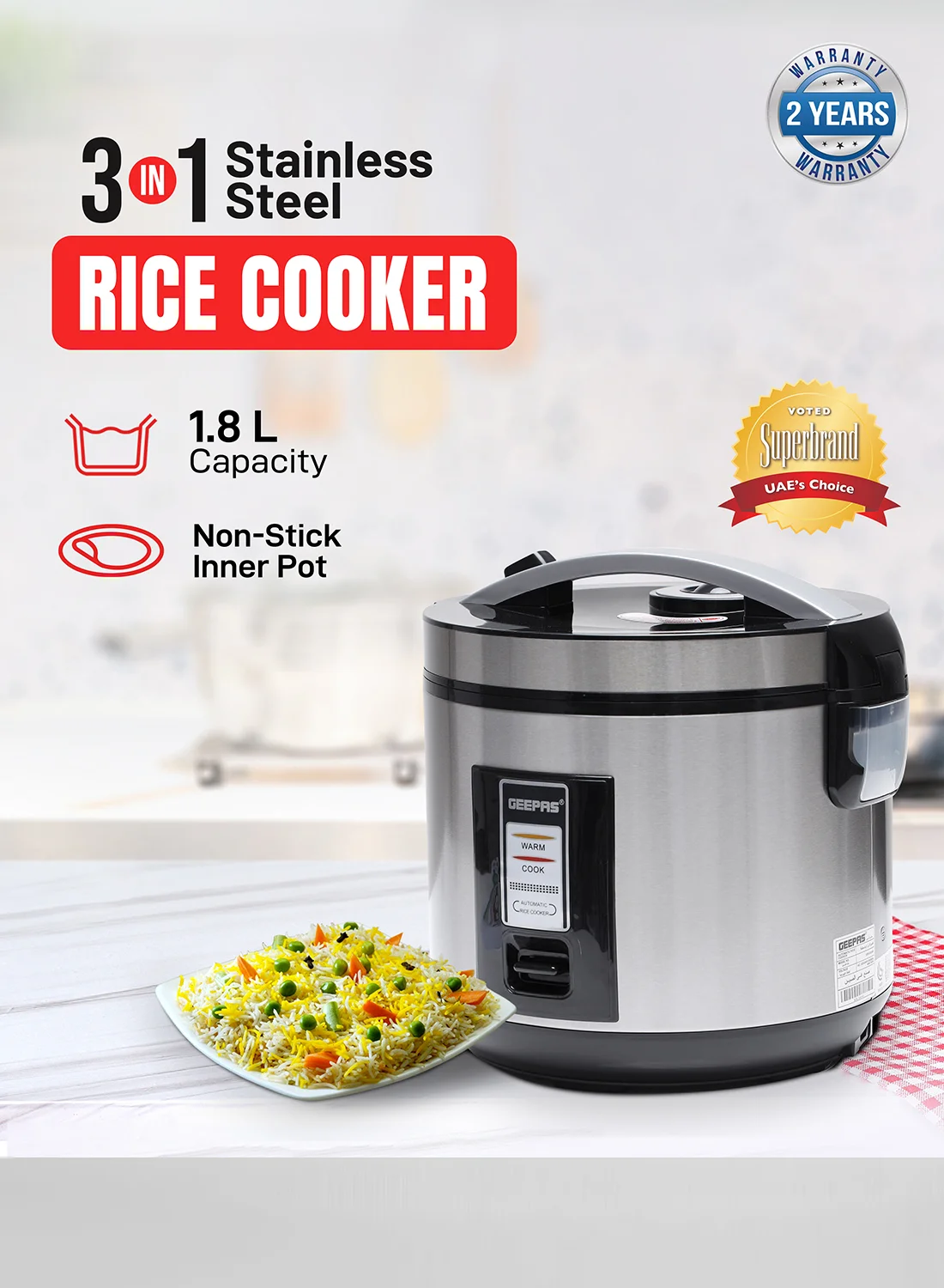 Geepas Rice Cooker with Non-Stick Pot and Steamer Tray (Black, 1.8 L) tfo0f