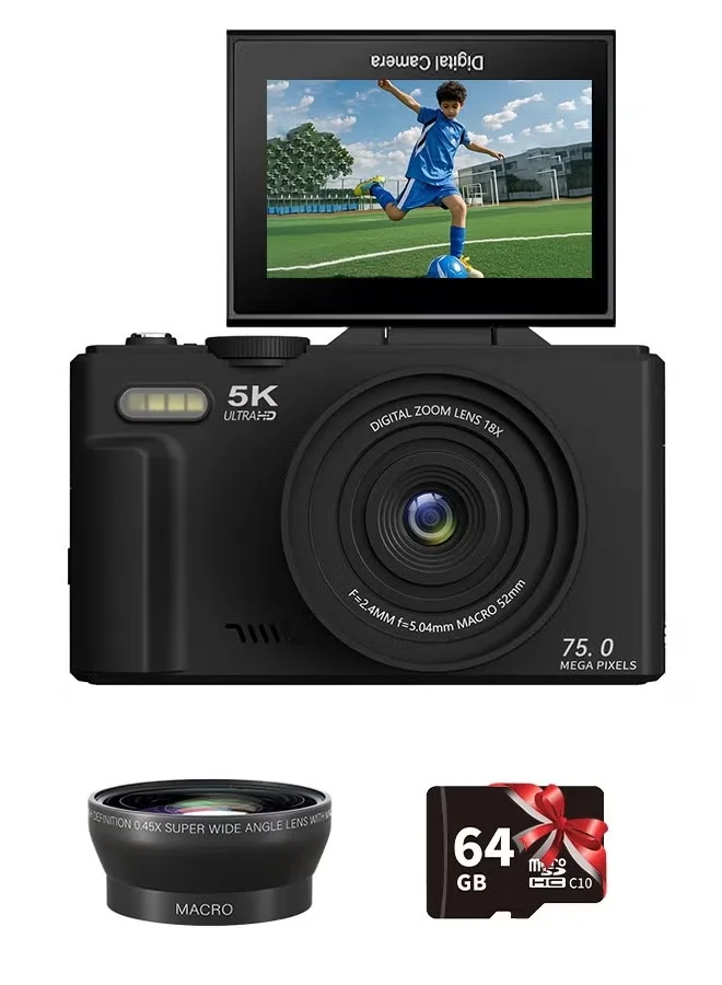 ZONBON 5K Digital Camera 75MP Point and Shoot Vlogging Camera with 64GB SD Card and 3-inch Flip Screen (Black, 18X Zoom) pvkrp