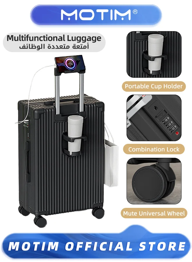 Motim Aluminum Framed Carry-On Luggage with Spinner Wheels, USB & Type-C Charging Ports, Cup Holder, Phone Holder, and Hidden Hook (Silver, 55 cm) 6p25u