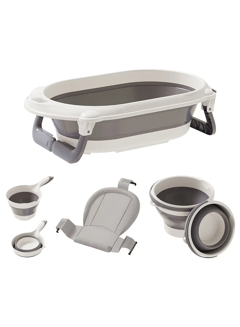 XiuWoo 4-in-1 Foldable Baby Bathtub Set with Mesh Mat Scoop and Bucket (Space-Saving Design, Newborn to Toddler) omkhw
