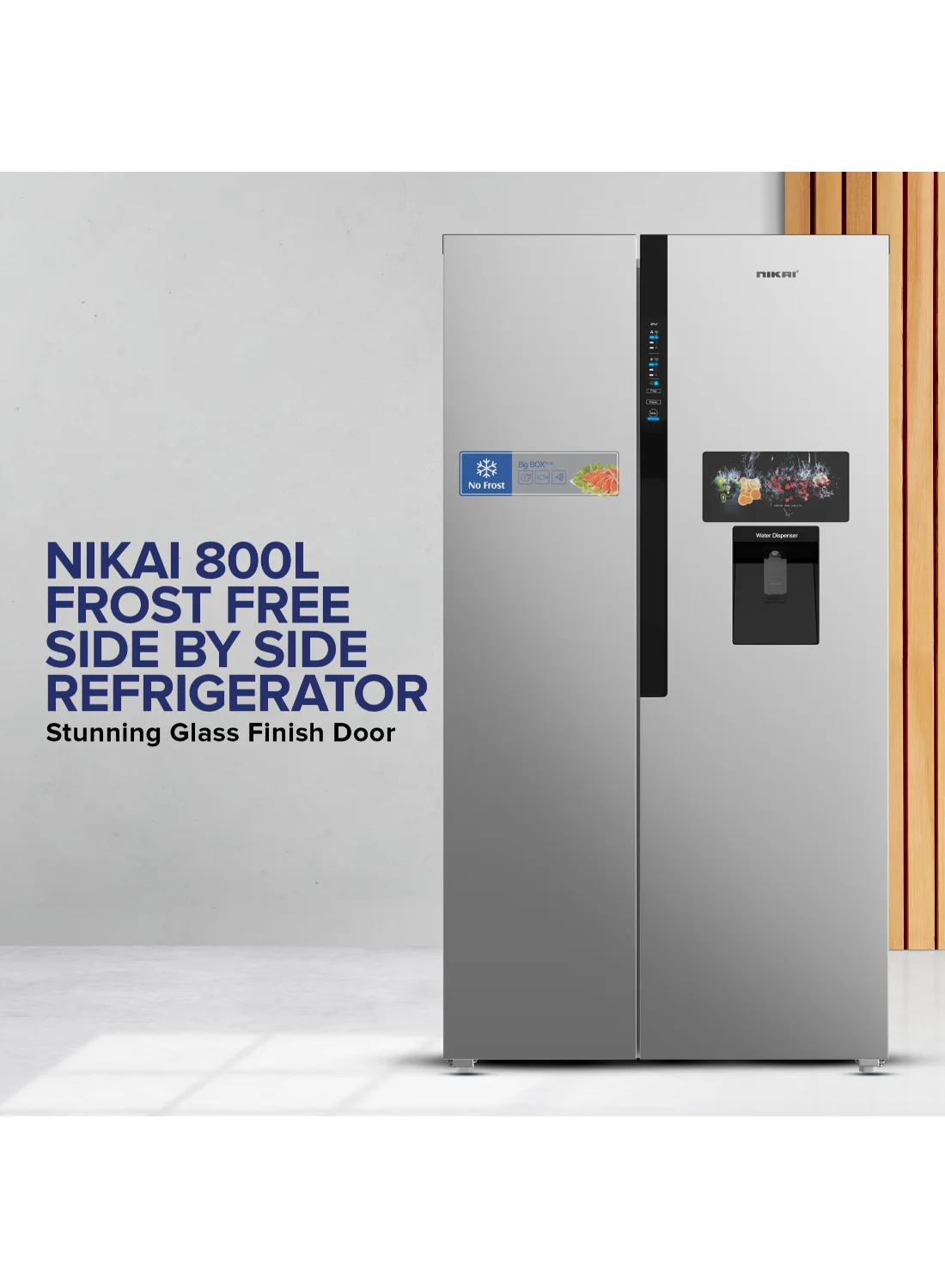 NIKAI Side-by-Side Refrigerator with Water Dispenser and Digital Display (Silver, 502L Net Capacity) noxus