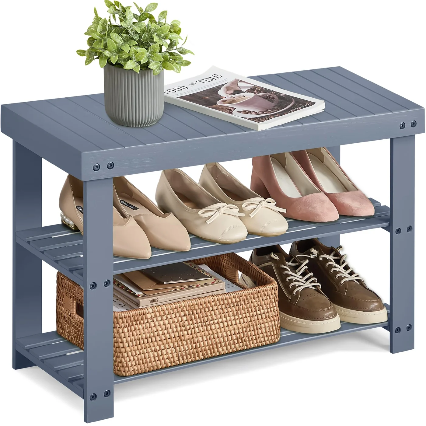 Premium Bamboo Shoe Rack Bench 3-Tier Storage Organizer for Entryway (Grey, 28.7 x 70.1 x 45.2 cm) rt5d3