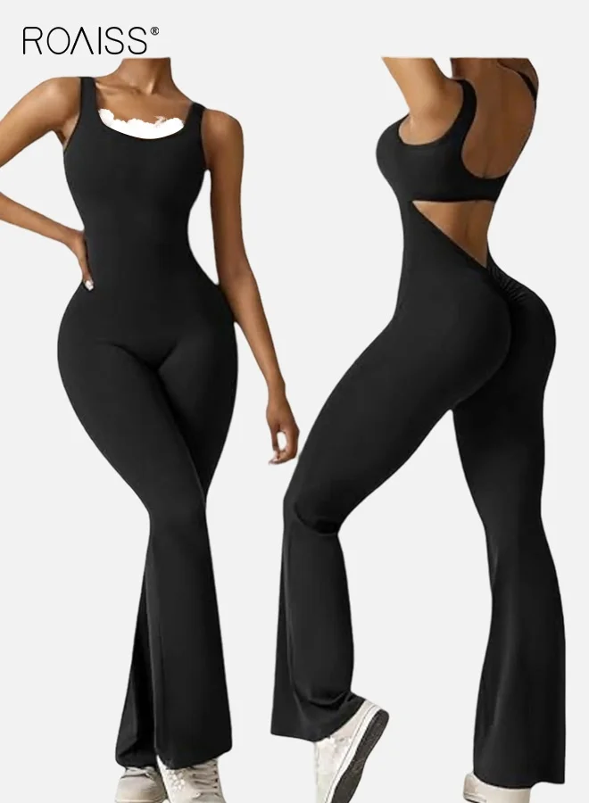 Roaiss Backless Sleeveless Yoga Jumpsuit High Waist Flared Romper for Women (Black, Medium) rhpl5