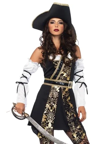 Premium Elegant Themed Party Costume for Women (Black and Gold, Medium) w93si