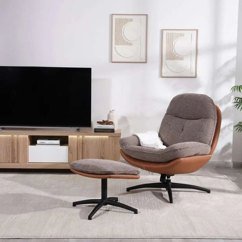 Pan Home Lamy Accent Chair and Ottoman Set Premium Fabric Upholstered Living Room Furniture (Grey) r8gzu