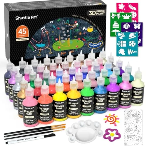 Premium Fabric Paint Set 45 Colors 3D Long-Lasting Textile Pigments with Brushes Palette and Stencils (45-Piece Set) h8zxq