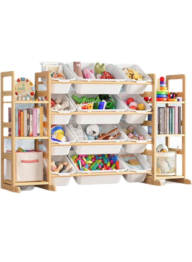 Beauenty Kids Toy Storage Organizer with 12 Bins and Bookshelves, 4-Tier Wooden Rack for Playroom and Bedroom (Large Capacity) fwi93