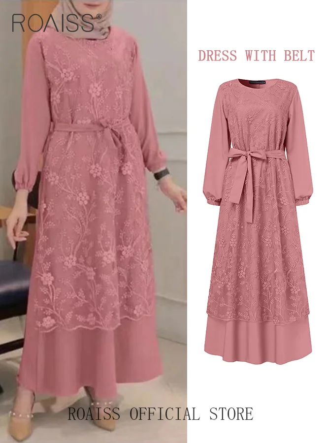 Roaiss Women's Long Sleeve Lace Maxi Dress Round Neck Elegant Waisted Gown (Pink, One Size) 42jju