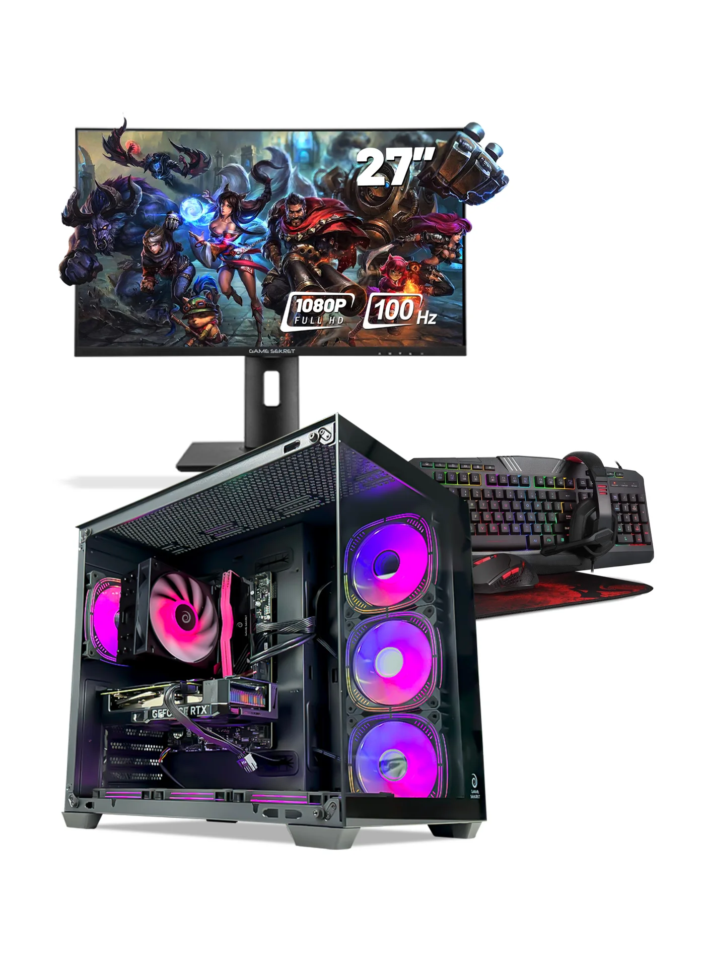 Game Sekret Pro Gaming Desktop PC Bundle with 27-inch FHD Monitor and Peripherals (16GB RAM, 1TB SSD, Windows 11 Pro, Black) ac5wj