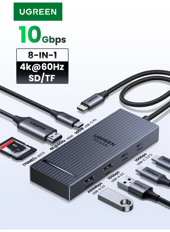 Premium 8-in-1 USB-C Docking Station with 4K HDMI Adapter 10Gbps Data Transfer and 100W PD Fast Charging for Tablets and Laptops (1 Unit) qq5bx