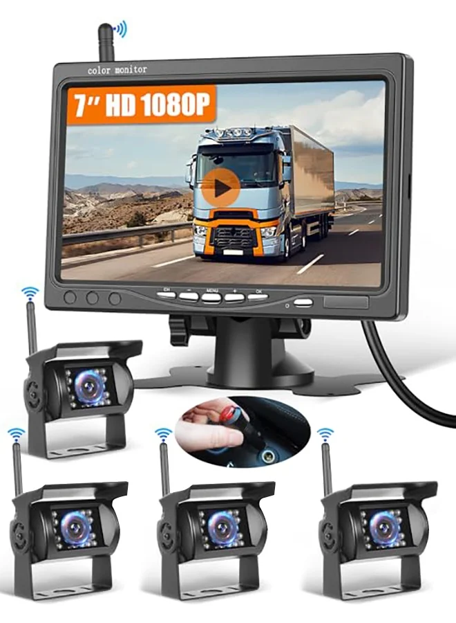 WALALLA Wireless Backup Camera System 7-Inch Monitor 4-Piece Set IP69 Waterproof Night Vision for Trucks and RVs (24V) mzpjp