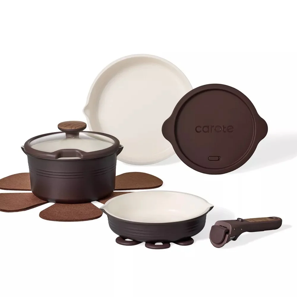 Premium Ceramic Nonstick Cookware Set with Detachable Handle, Stackable Pots and Pans for All Stovetops (Chocolate, 10-Piece) cu453