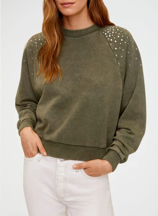 MANGO Shoulder Studded Sweater Cotton Blend Long Sleeve Round Neck (Olive, Medium) 12ewh