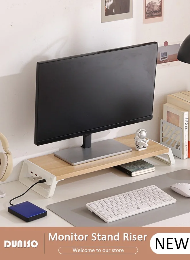 DUNISO Desktop Monitor Stand Riser with USB Data Port, Ergonomic Wooden Desk Organizer for Laptop, PC, and Printer (Brown, 50 cm) k1tbb