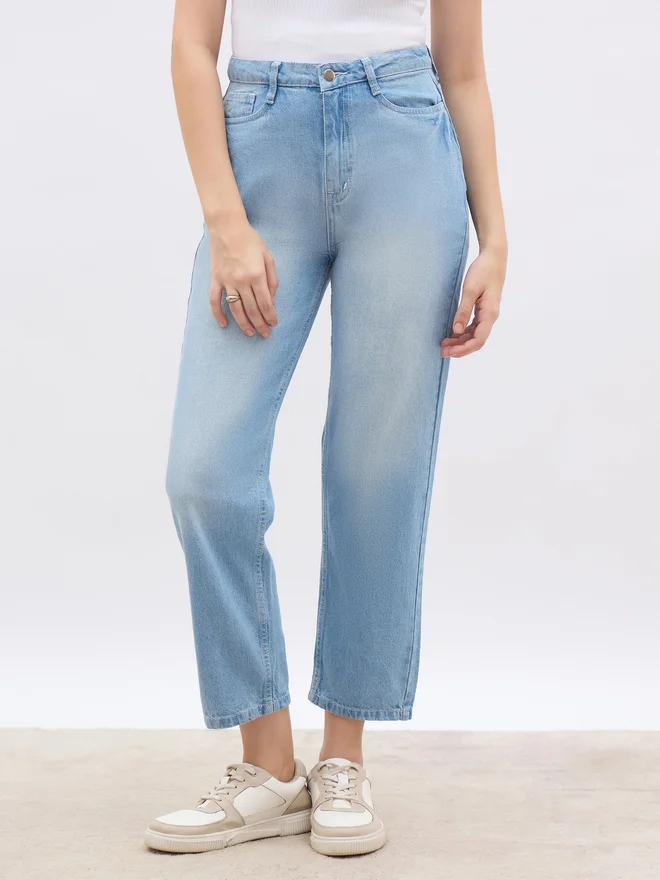Styli High Rise Faded Straight Fit Jeans Premium Denim Casual Trousers for Women (Blue, 30 cm) n3yly