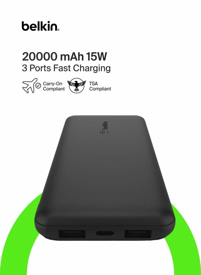 Premium Portable Power Bank 20000mAh High-Capacity External Battery with USB-C Input Output and Dual USB-A Ports (Black, 20000mAh) rmb0g