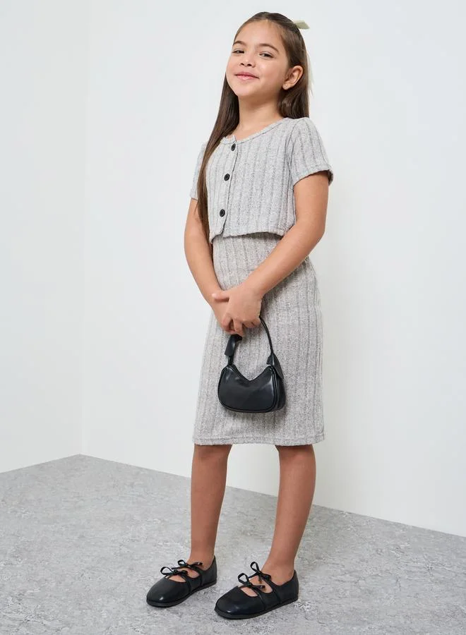 Styli Girls Ribbed Strappy Dress and Cardigan Set Premium Soft Knit Two-Piece Outfit (Pink, 120 cm) hsxmk