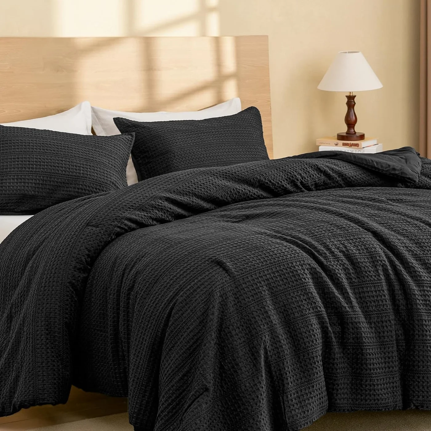 PHF Waffle Weave Comforter Set Premium Soft Breathable Textured Bedding for Twin Bed (Black, 173 cm x 229 cm) 1h7t6