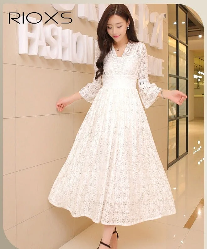 RIOXS Women's Floral Lace Maxi Dress Elegant V-Neck A-Line Long Sleeve Boho Wedding Party Dress (White) 6kf2z