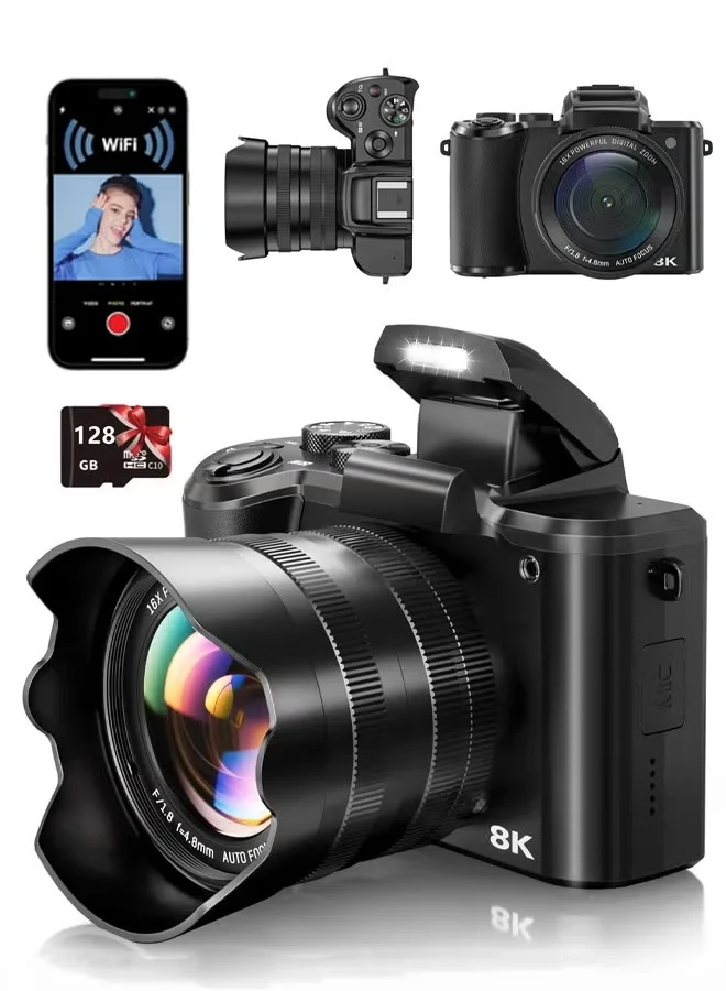 ZONBON 8K Digital Camera for Photography - 88MP WiFi Vlogging Camera with Dual-Lens, 16X Digital Zoom, Lens Hood, and 128GB TF Card y7xzs