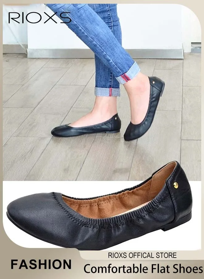 RIOXS Classic Round Toe Ballet Flats Premium Ultra Soft Slip On Dress Shoes for Women (Black) 1d93v