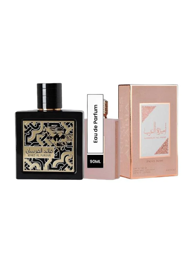 Lattafa Fragrance Duo Set Qaed Al Fursan 90mL and Ameerat Al Arab Prive Rose 100mL (Premium Eau de Parfum Bundle for Men and Women) ck4z6