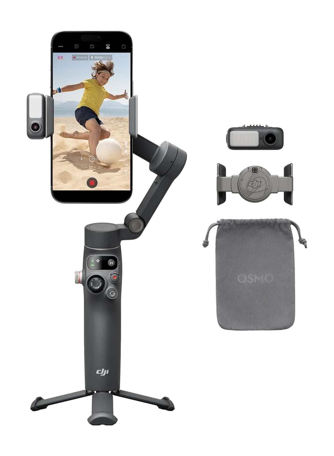 Premium 3-Axis Smartphone Gimbal Stabilizer with Built-in Extension Rod and Tripod for Content Creation (Black) 1d8fk