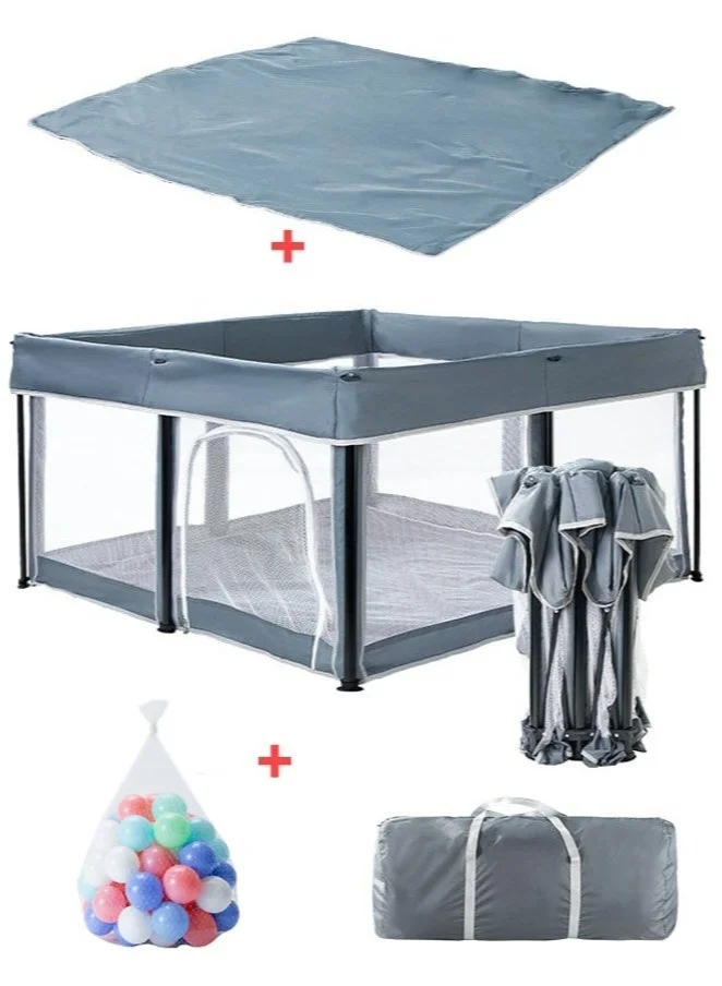 WALALLA Foldable Baby Playpen with Mat and 20 Ocean Balls, Portable Indoor Outdoor Playard with Thick Mesh (Grey, 127x127x66cm) 5li5c