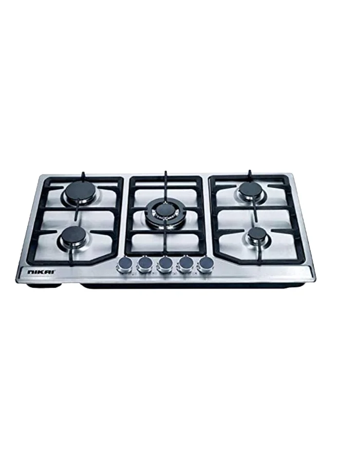 Nikai 5 Burner Gas Hob with Auto Ignition and Cast Iron Support (Stainless Steel, 90 cm) jawfr