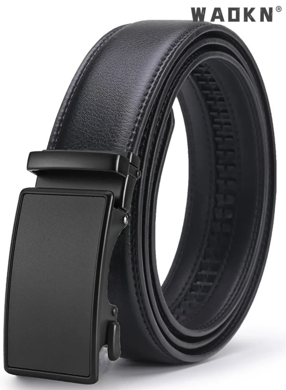 WAOKN Men's Ratchet Belt, Genuine Leather Dress Belt with Adjustable Automatic Buckle (Black, 125 cm) 5lrgs