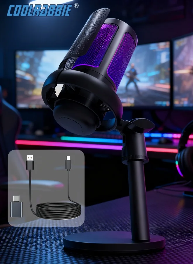 CoolRabbie Gaming Microphone with Stand USB Condenser Mic for Streaming and Podcasts (RGB, Black) tup74