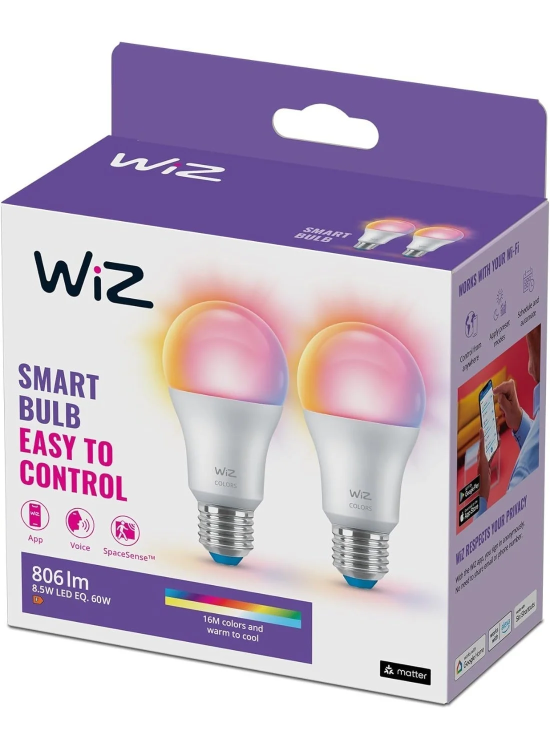 Smart LED Bulb A60 E27 RGB Color Changing Tunable White WiFi Bluetooth (Pack of 2, 8.5W) d9kw2