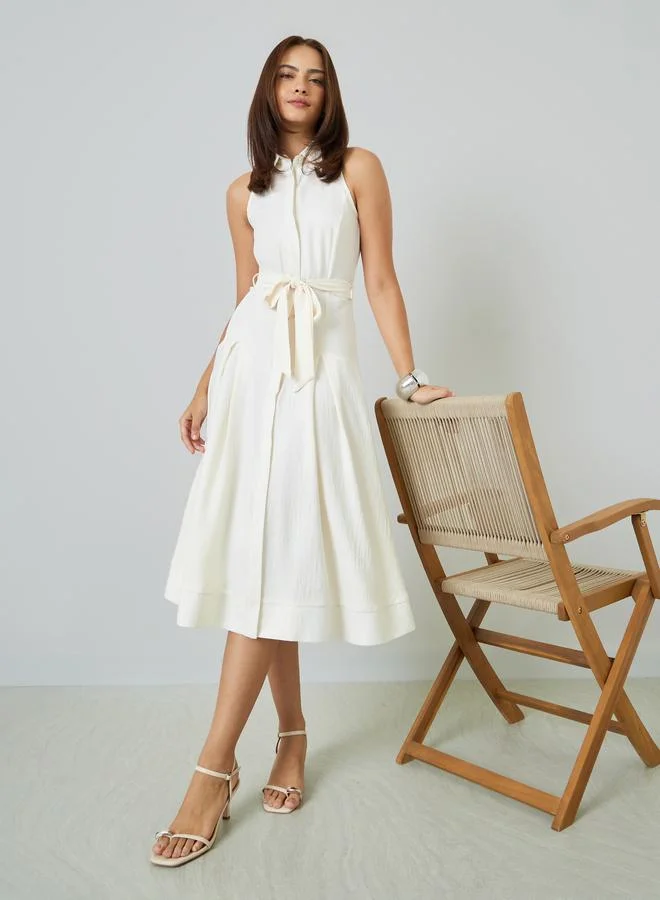 Styli Sleeveless Shirt Midi Dress with Tie-Belt (White, Medium) ynwnc