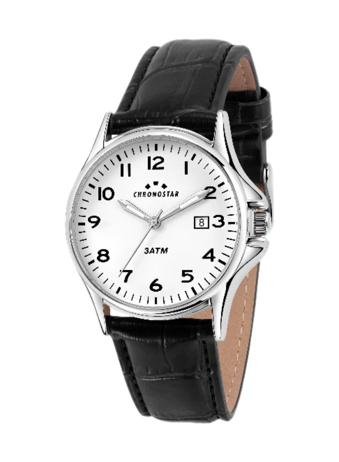 Chronostar Men's Analog Quartz Watch with Black Leather Band and White Dial (43mm) 89s5l