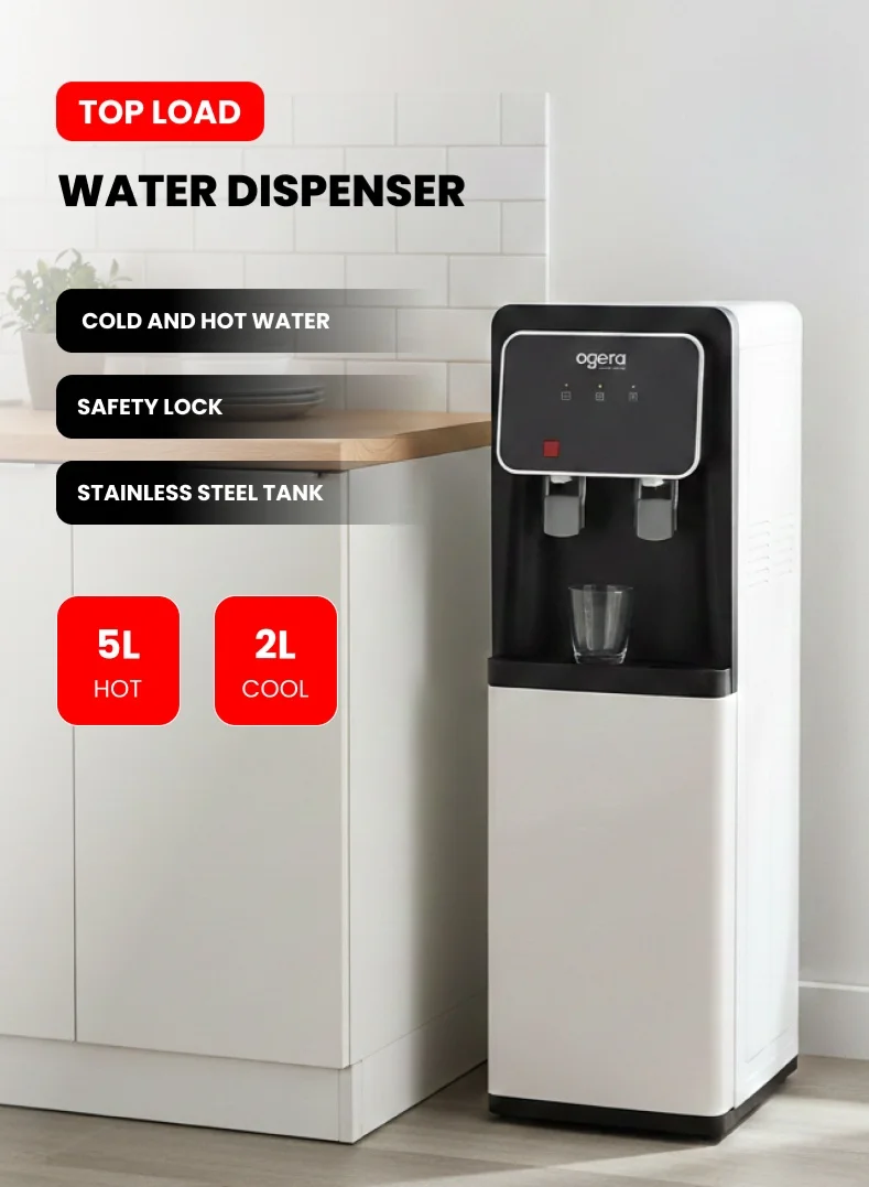 Ogera Top Load Water Dispenser with Hot and Cold Function, Stainless Steel Tank, Child Safety Lock (White and Black, 7L Total Capacity) ww0ff