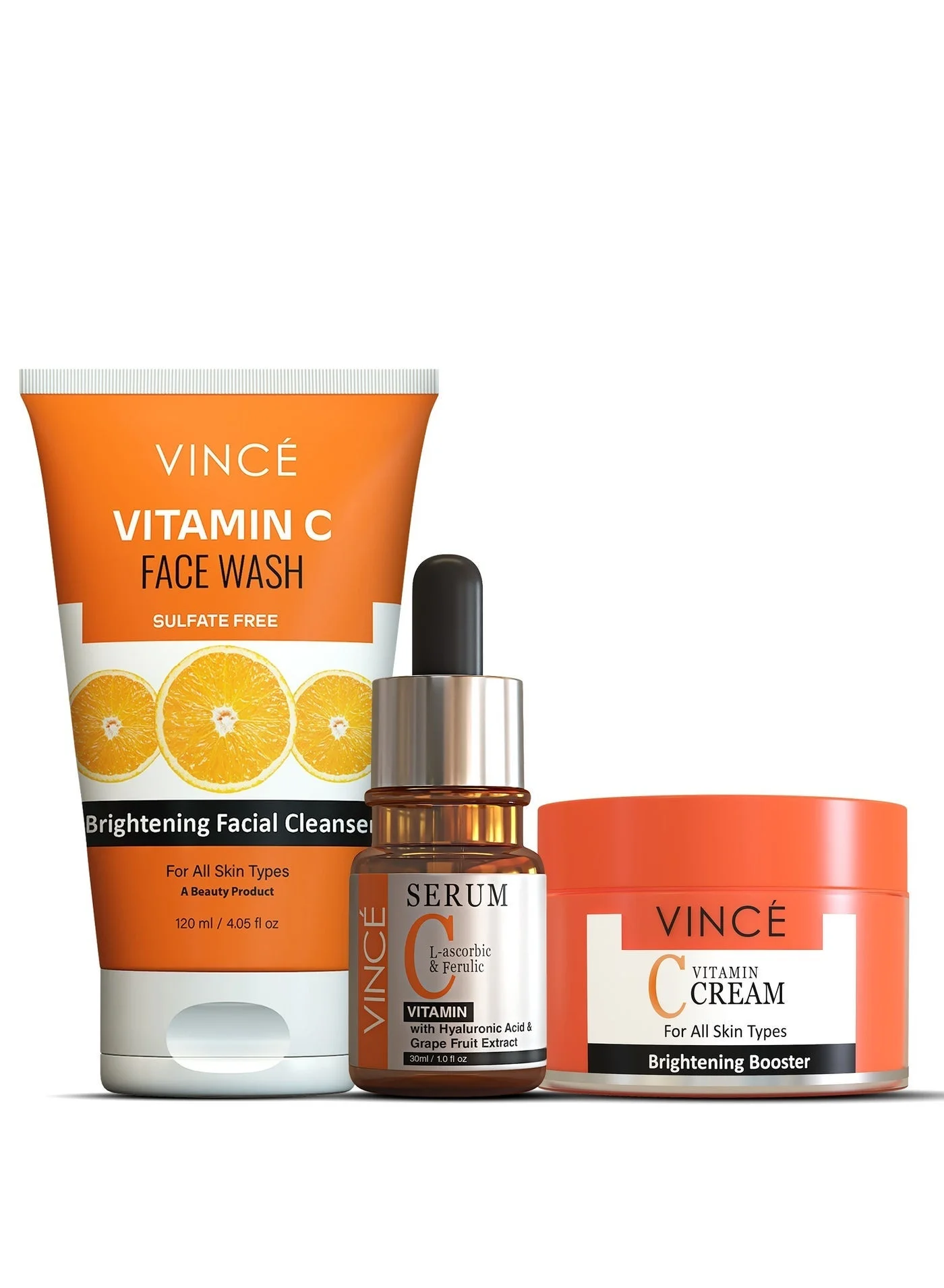 VINCE Vitamin C Skincare Bundle (Face Wash 120mL, Serum 30mL, Cream 50mL) - Brightening & Hydrating Set for All Skin Types hzcqs