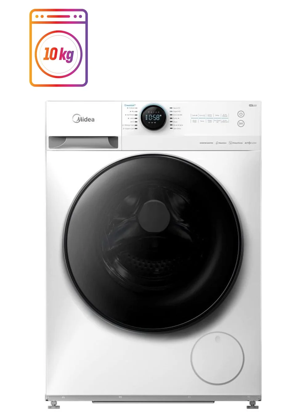 Midea 10kg Front Load Smart Washing Machine, Fully Automatic Washer with Steam Care, 1400 RPM, 14 Programs, Wi-Fi Connectivity (White, 10kg) 29y40