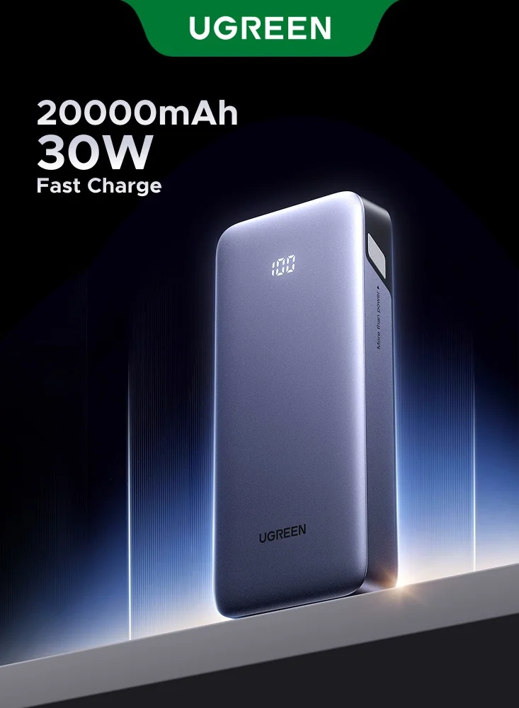 Ugreen 20000mAh Portable Power Bank 30W Fast Charging External Battery Pack with LED Display (2 Type-C, 1 USB-A, 20000mAh) bp2ce