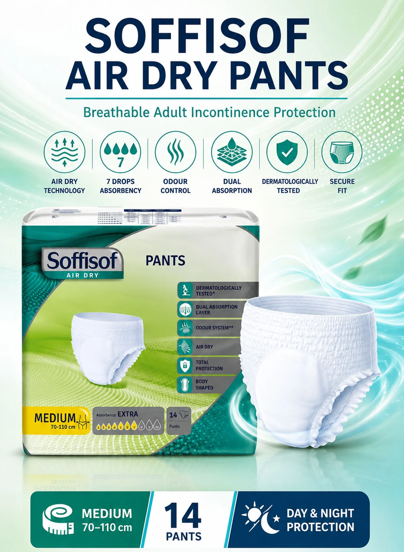 Soffisof Air Dry Adult Incontinence Pull-Up Pants Premium Breathable Underwear for Men and Women (Medium, 14 Pack, 70-110cm) 5ogs6