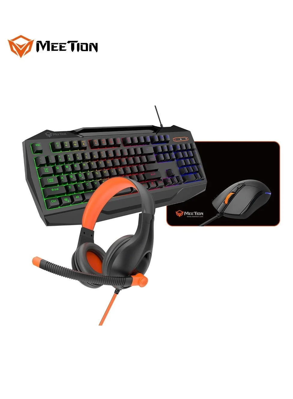 4-in-1 PC Gaming Peripheral Set with Backlit Keyboard, Stereo Headset, Ergonomic Mouse, and Mouse Pad (Black, English+Arabic Layout) fk1uw