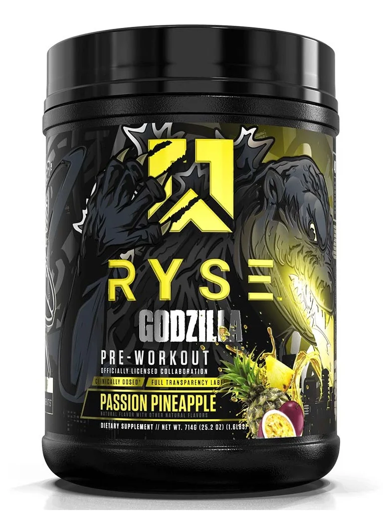 RYSE Godzilla Pre Workout Powder, Passion Pineapple Flavor, High-Performance Energy Supplement (40 Servings, 714 g) rzg3i