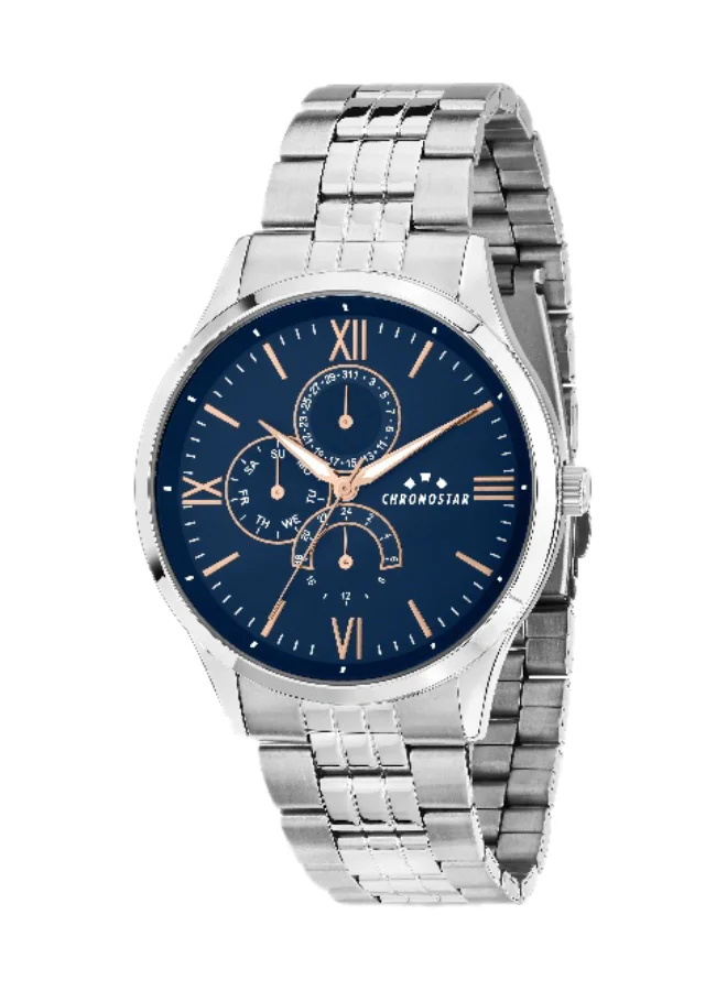 Chronostar Men's Analog Watch Round Blue Dial Silver Stainless Steel Band (43mm) c94fy
