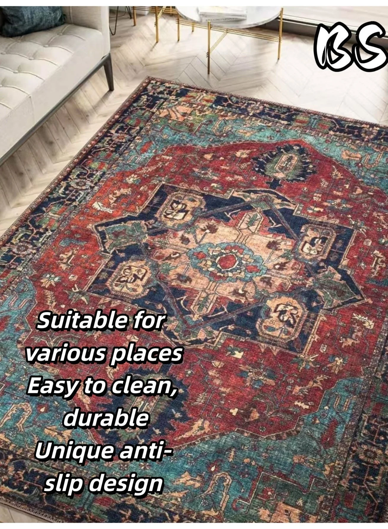 BS Bohemian Vintage Style Area Rug, Durable Non-Slip Indoor Outdoor Carpet for Living Room and Patio (Multicolor, 140x200cm) 5w6uh