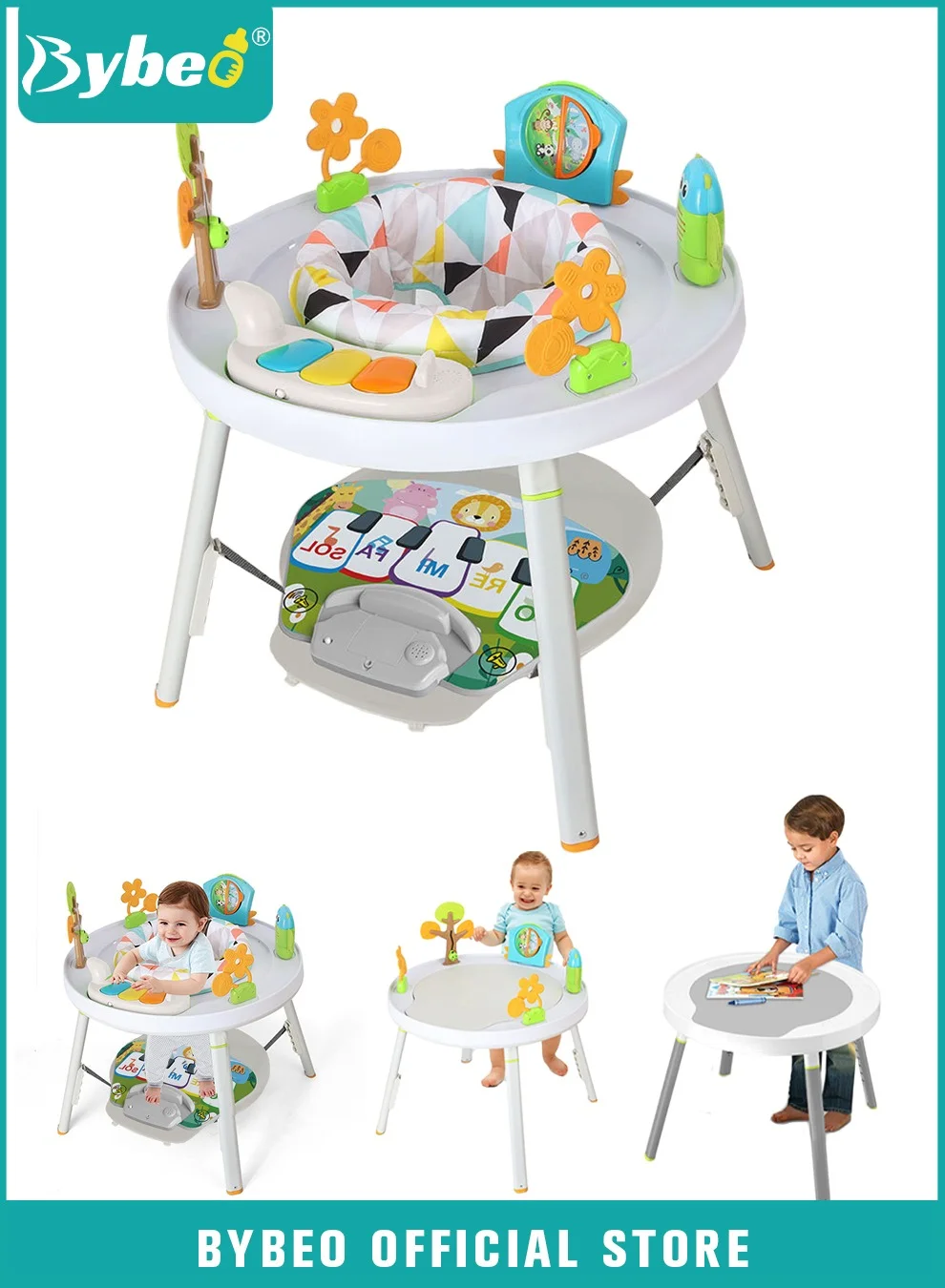 Bybeo Baby Jumper and Activity Center, Multifunctional Interactive Play Table with Music and Lights, Adjustable Height for Infants and Toddlers (1 Piece) 2tijy