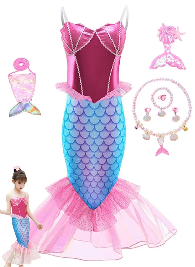 TAPIT Mermaid Princess Costume for Girls Party Dress Up Set with Accessories (Multicolor, 120cm) 221od